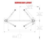Service bay layout diagram showing a two-post automotive lift with adjustable arms, drive-on direction, and minimum clearance distances to walls and obstructions labeled with measurements