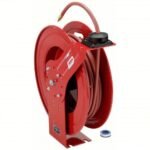 Lincoln 83753 Value Series air hose reel, featuring a durable red steel frame with a spring rewind system and heavy-duty rubber hose for shop or industrial air applications. Get it at Wrenchers.com