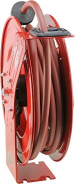 Side view of Lincoln 83754 Value Series retractable air hose reel, showing the durable rubber hose neatly coiled inside the heavy-duty steel frame. Get it at Wrenchers.com