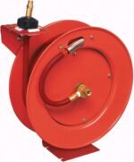 Rear view of the Lincoln 83754 Value Series air hose reel, featuring brass fittings and a flexible connection for efficient air flow. Get it at Wrenchers.com
