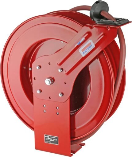 Lincoln 83754 Value Series air hose reel, built with a rugged red steel housing and spring rewind system for dependable performance in shops and garages. Get it at Wrenchers.com