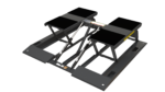 LR-10000 low-profile automotive lift featuring steel channel frame, single-point safety release, and industrial-grade hydraulic cylinders.