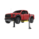 MaxJax M7K portable two-post car lift right-side view with pickup raised.