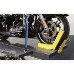 Super-stretch RML-1500XL motorcycle and ATV lift with built-in safety locks, retractable casters, and reversible side decks for professional service.