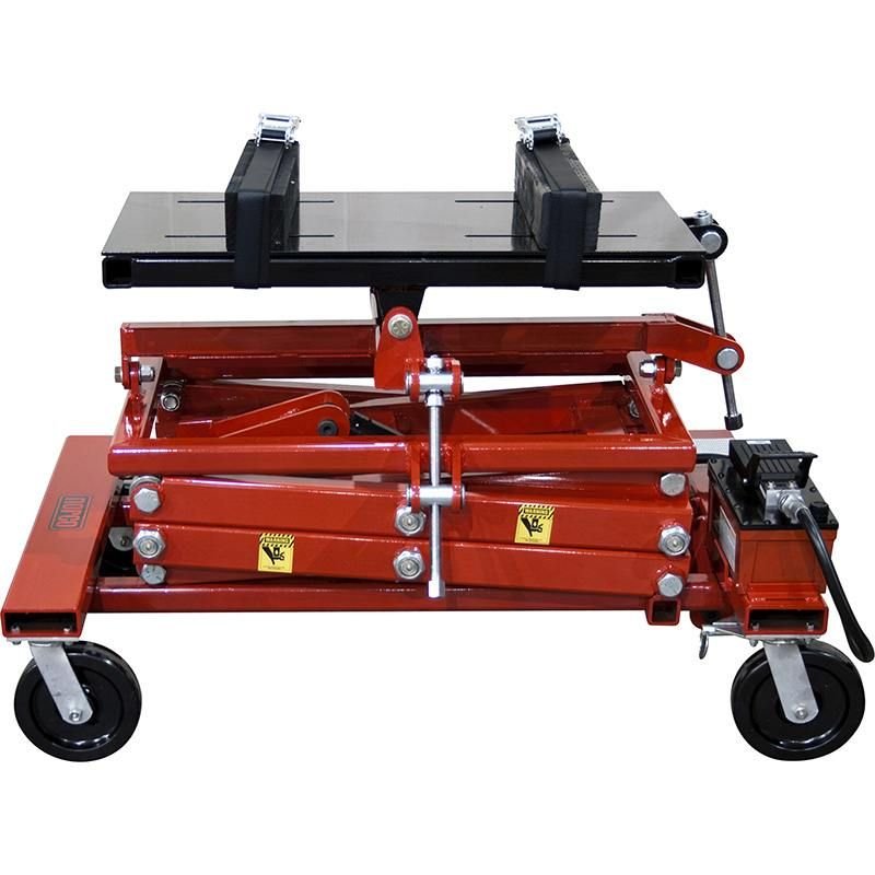 72850A Norco 72850A power train lift model 6010215 with wide adjustable saddle, scissor lift design, and heavy-duty swivel casters.