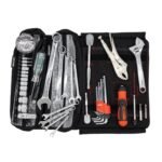 Close-up of labeled sockets and wrenches in the BoxoUSA motorcycle tool roll.