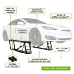 QuickJack 6000ELX feature overview showing automatic safety locks, hydraulic cylinders, rubber lift blocks, and 24.5-inch lifting height. Built for long wheelbases and serious garage performance. SKU 5175650.