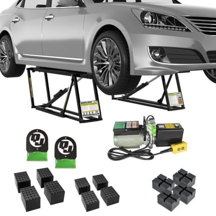 QuickJack 6000TL bundle includes 6,000 lb portable car lift, pinch weld blocks, wall hangers, rubber blocks, and hydraulic power unit for complete garage lifting