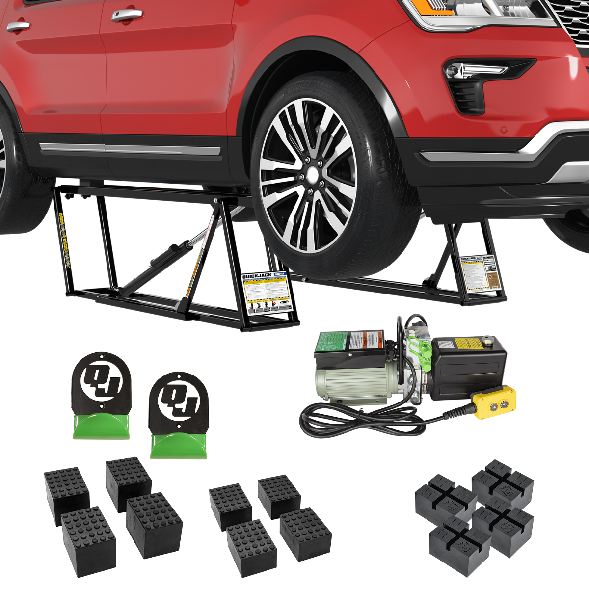 6000TLX Portable Car Lift Bundle QuickJack 6000TLX Extended-Length Portable Car Lift Bundle includes portable lift, pinch-weld blocks, and wall hangers