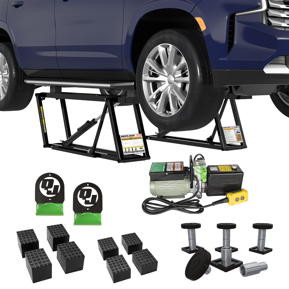 8000TL Portable Car Lift Bundle QuickJack 8000TL Portable Car Lift Bundle includes SUV and Light Truck Adapter Set and wall hangers for storage