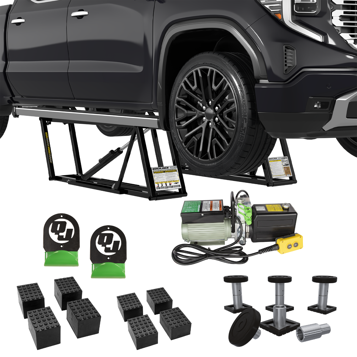 8000TLX Portable Truck Lift Bundle 8000TLX extended-length portable car lift bundle includes SUV and Light Duty Truck Adapter Set and Wall Hangers for storage