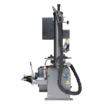 Side profile of the Ranger R980XR tire changer displaying the tower assembly, air lines, and integrated service components