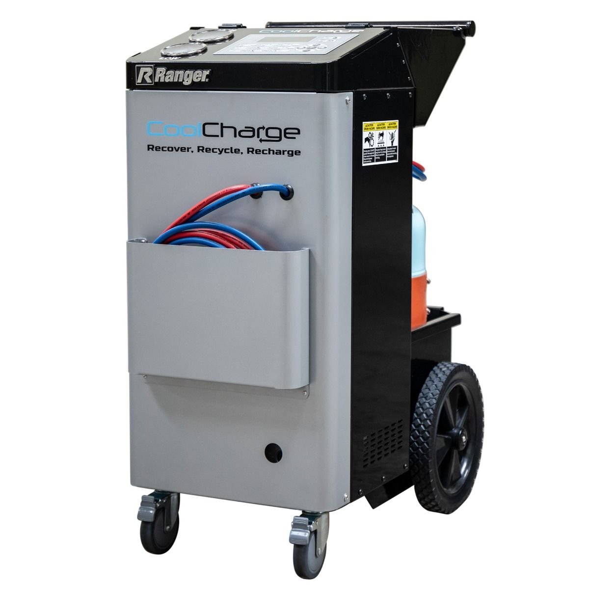 CoolCharge AC-134A Ranger CoolCharge AC 134a vehicle recovery machine model 5150025 front-right view with hoses and storage pocket.