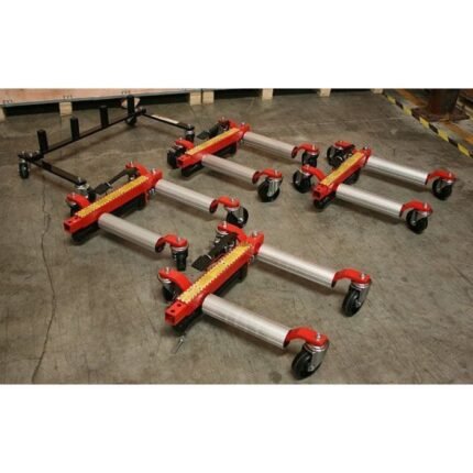Complete set of Ranger GoCart wheel dollies arranged on a shop floor, featuring heavy-duty rollers, swivel casters, and adjustable frames for moving vehicles safely and effortlessly