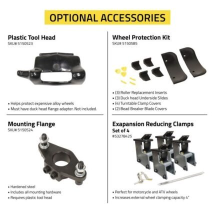 Optional Ranger R76ATR accessories include plastic tool heads, wheel protection kits, mounting flanges, and expansion clamps for motorcycle or ATV wheels