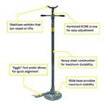 Ranger RJS-1TF high stand with labeled features including hardened ACME screw adjustment, jiggle foot pedal, wide-base support, and heavy-steel construction for reliable vehicle stabilization