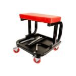 Ranger RST-1WS rolling work seat shown with tools in the tray, highlighting its padded seat, rugged steel frame, and practical storage layout for professional technicians