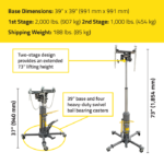 Ranger RTJ-1 telescoping transmission jack with labeled dimensions, showing 39-inch base, 73-inch maximum lifting height, and 37-inch minimum height