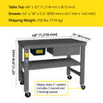 Dimensional diagram of the Ranger RWB-1TD teardown workbench showing a 48-inch by 32-inch tabletop, 40-inch height, and heavy-duty 4-inch swivel casters including two locking wheels