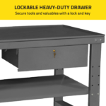 Close-up of the Ranger RWB-1TD workbench showing the lockable heavy-duty drawer positioned under the tabletop for secure storage