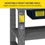 Close-up of the Ranger RWB-1TD teardown workbench showing the height-adjustable second shelf with multiple mounting holes for customized positioning