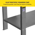 Close-up of the Ranger RWB-2D workbench leg and lower shelf showing the electrostatic powder-coat finish