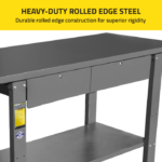 Close-up of the Ranger RWB-2D workbench tabletop and drawer area showing heavy-duty rolled-edge steel construction