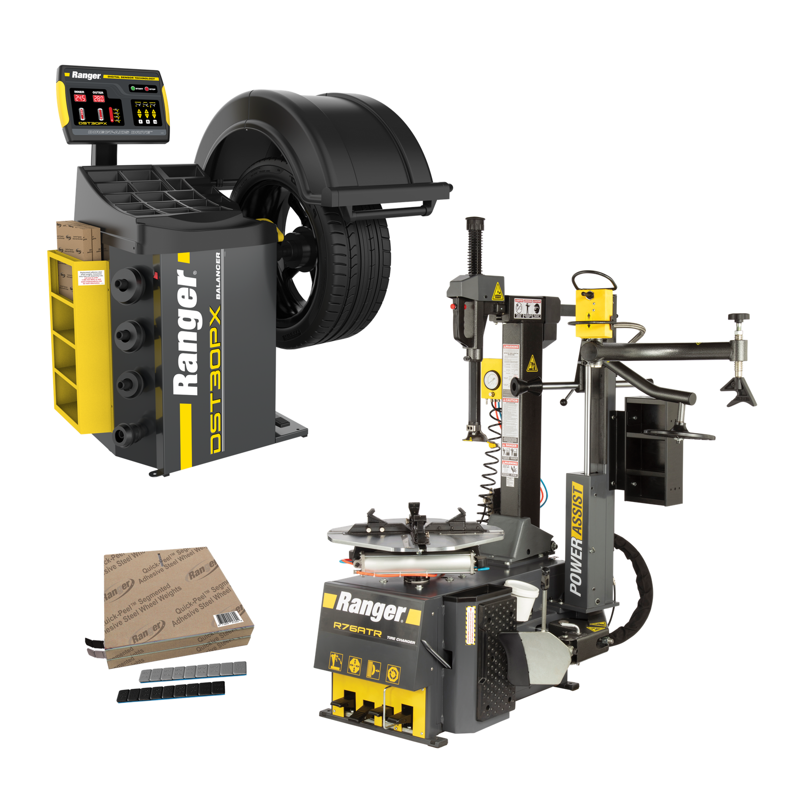 R76ATR - DST30PX - Weights - Setup-Train R76ATR 220V wheel balancer with DST30PX system tape weight rolls and training kit