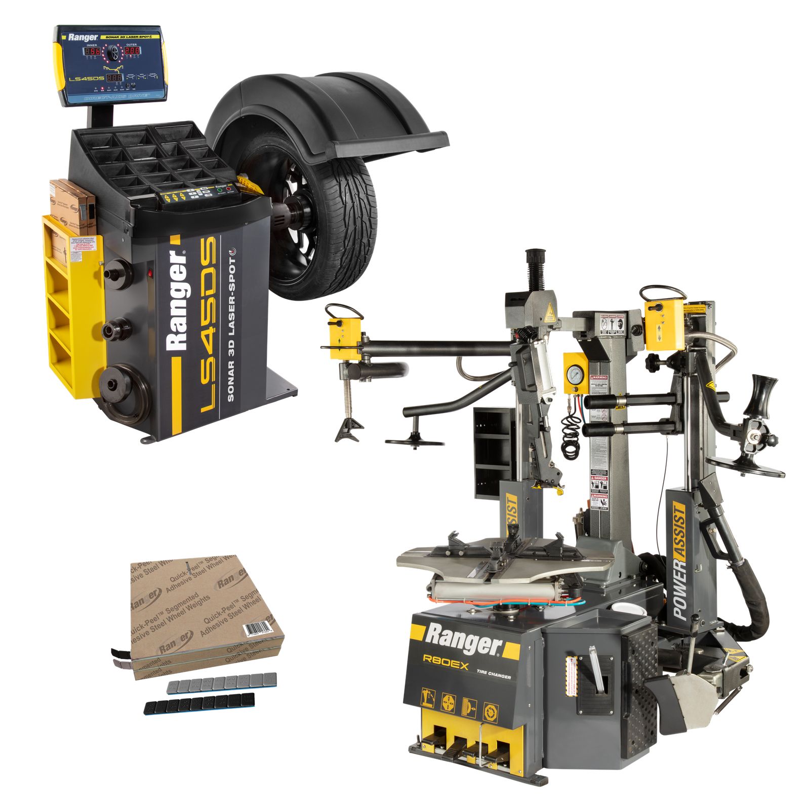 R80EX - LS45DS - Weights - Setup-Train R80EX 220V wheel balancer with LS45DS system tape weight rolls and training package
