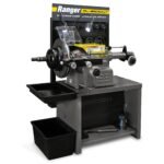 Full view of the Ranger RL-8500XLT combination brake lathe workstation featuring tooling storage, lighting, and premium resurfacing capability
