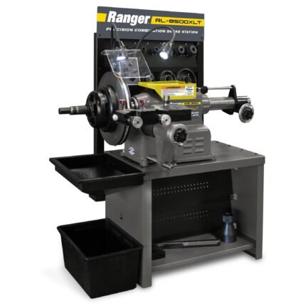 Full view of the Ranger RL-8500XLT combination brake lathe workstation featuring tooling storage, lighting, and premium resurfacing capability