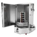 High-capacity Ranger RS-500DS aqueous parts washer shown with an engine block mounted on the rotating turntable for deep, 360-degree industrial cleaning performance