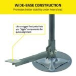 Close-up of the Ranger RJS-1TF high stand’s wide-base construction and rugged foot pedal used for quick alignment and precise load positioning under lifted vehicles