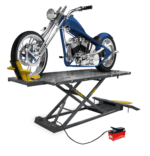BendPak RML-1500XL heavy-duty motorcycle lift featuring extended work platform, hydraulic cylinder, and durable 12-gauge steel construction.