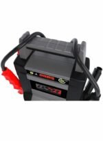 Top view of Schumacher DSR128 jump starter showing carry handle, cables, and LED readout